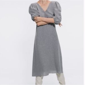 🔥ZARA Wool Blend Grey Minamalist Midi Lined V Neck Dress Women's Size S‎ …